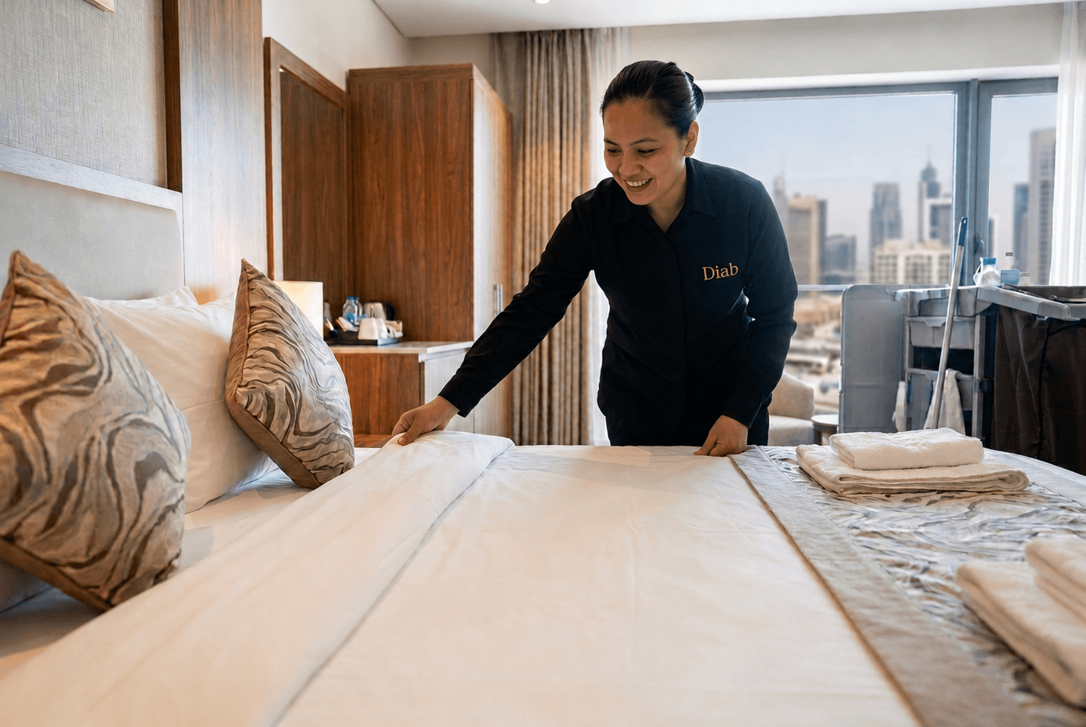 Reinigungskraft bereitet ein Hotelbett sorgfältig vor