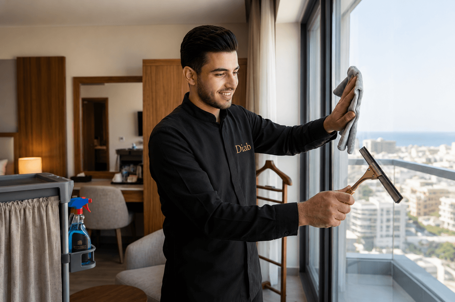 Reinigungskraft säubert ein großes Fenster