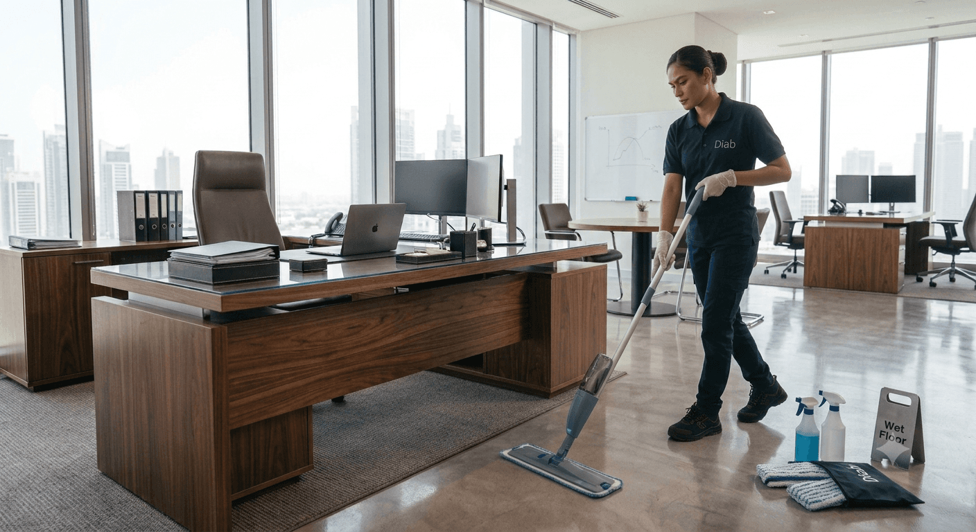 Reinigungskraft säubert einen Schreibtisch in einem modernen Büro
