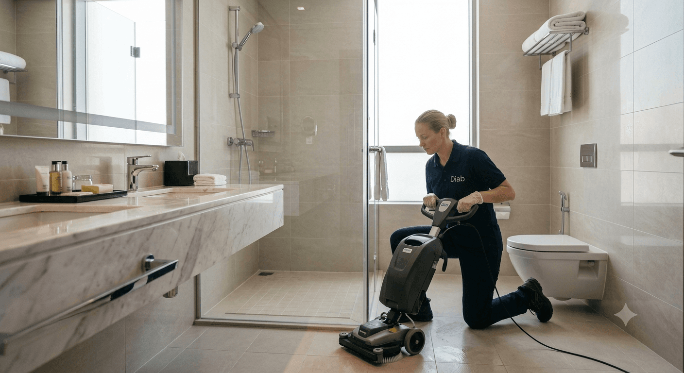Reinigungskraft reinigt ein modernes Badezimmer und die Sanitärflächen