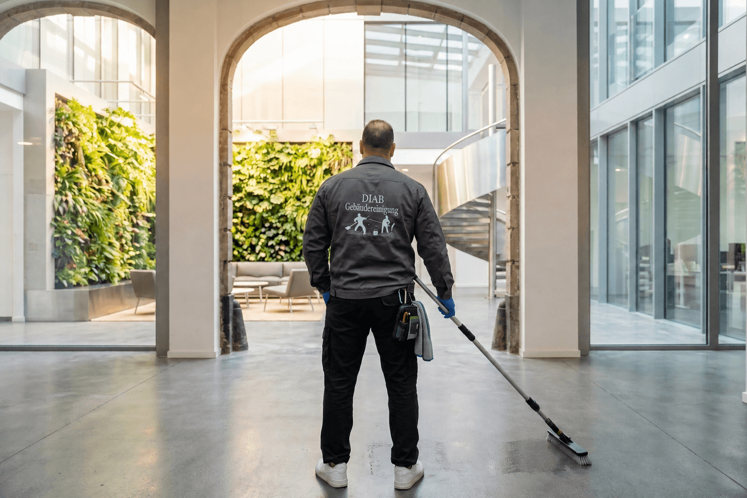 Mitarbeiter von Diab Gebäudereinigung in einem modernen Geschäftsgebäude